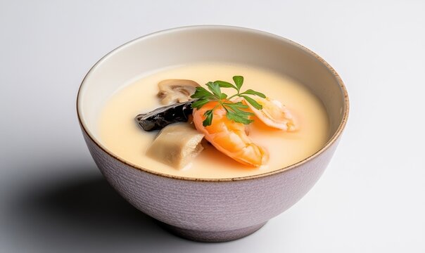 Explore the delicate flavors of chawanmushi with shrimp, mushrooms, and vegetables in a beautiful ceramic bowl