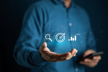 Businessman plan strategy marketing and finance to goal in 2025 planning business growth with...