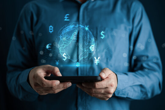 World Global currency exchange and money transfer, Businessman touching virtual world map and currency sign include dollar yuan yen euro and pound sterling