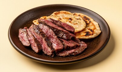 Delicious basturma served on a smooth brown plate with Armenian flatbread and a light yellow background