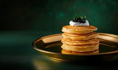 Delicious blini pancakes served with sour cream and caviar on a gold plate against a dark green backdrop