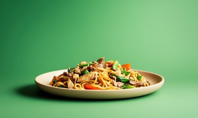 Delicious chow mein with chicken and beef stir-fried noodles showcasing vibrant vegetables and soy sauce on a beige plate