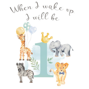 When I Wake Up I Will Be 1 - Cute Jungle Characters Illustration for Kids' Birthday