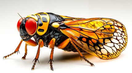 A close up of a cicada on a white background