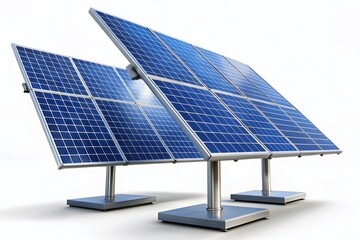 Clean Energy: Two Solar Panels on Metallic Stands, Isolated White Background