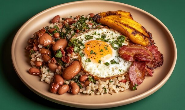 Savory Feijao Tropeiro featuring beans, rice, eggs, sausage, and bacon served with fried plantains on a beige plate