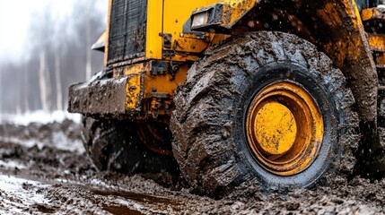 Heavy Construction Vehicle in Muddy Terrain During Winter