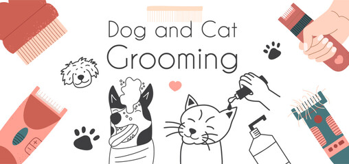 Dog and cat grooming background. Pet salon design banner. 