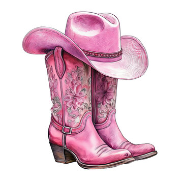Pink Cowboy Boots and Hat - Fun and Stylish Western-Inspired Design for Fashion, Parties, and Events