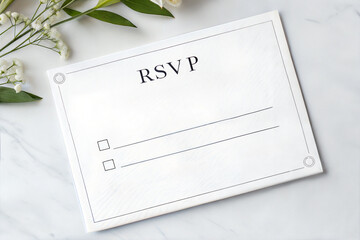 Elegant wedding RSVP card mockup on marble background