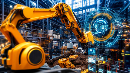 A robotic arm in a factory with a futuristic interface in the background