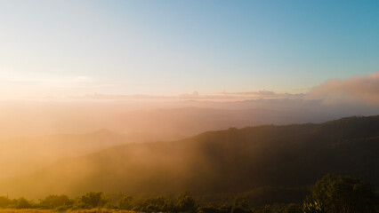 Aerial view Scenic landscape of mountain ridges and sun rays