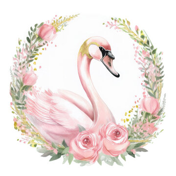 Whimsical Swan in Floral Wreath - Beautiful Illustration for Nursery D&eacute;cor, Invitations, and Fantasy Designs