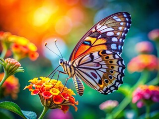 Close-up Detailed Shot of a Colorful Butterfly on a Blooming Flower, High Depth of Field