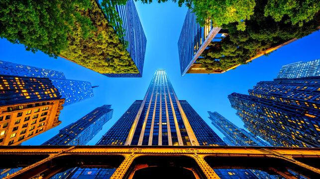 A view of a city skyline from the top of a bridge