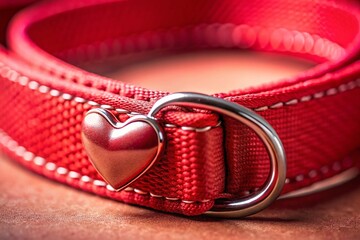 Close-up Macro Shot: Red Dog Collar with Heart-Shaped Tag