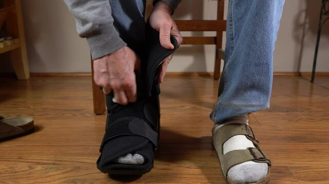 A man strapping on an air cast due to an injured ankle