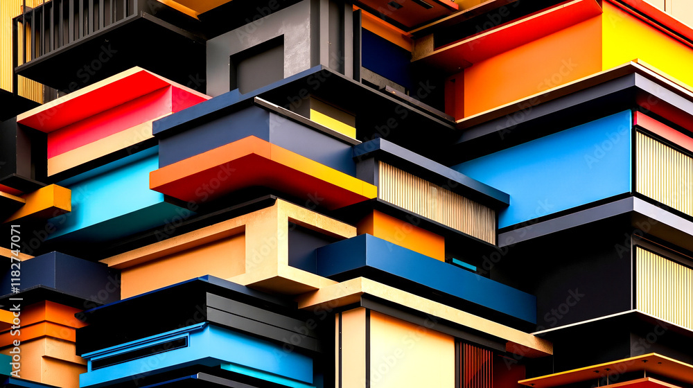 Poster a close up of a building with many different colored boxes on it
