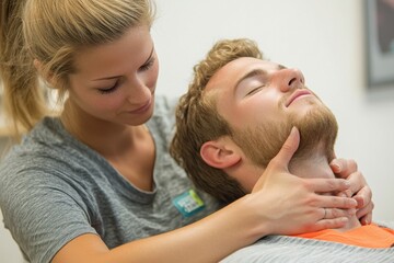 Therapist provides manual therapy to alleviate neck pain and tension in a calm and supportive environment