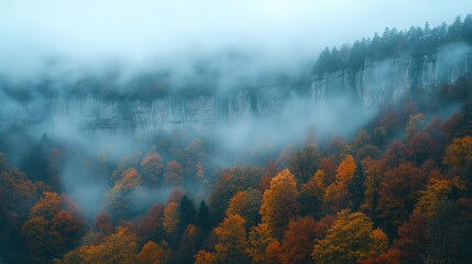 Misty Autumn Forest, Cliffside View, Nature Wallpaper