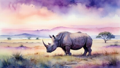 Fototapeta premium Majestic rhinoceros grazing peacefully in a vibrant grassland at sunset