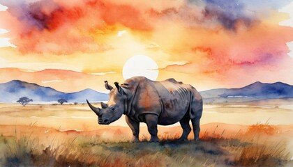 Fototapeta premium Rhinoceros stands gracefully in the grassland under a vibrant sunset illuminating the African landscape with watercolor beauty