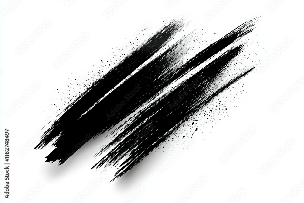 Poster abstract black brush strokes with splatter on a white background