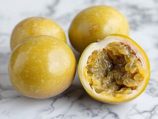 Healthy tropical passion fruit on marble background