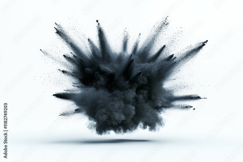 Poster dynamic explosion of black ink on white background visualizing energy and chaos
