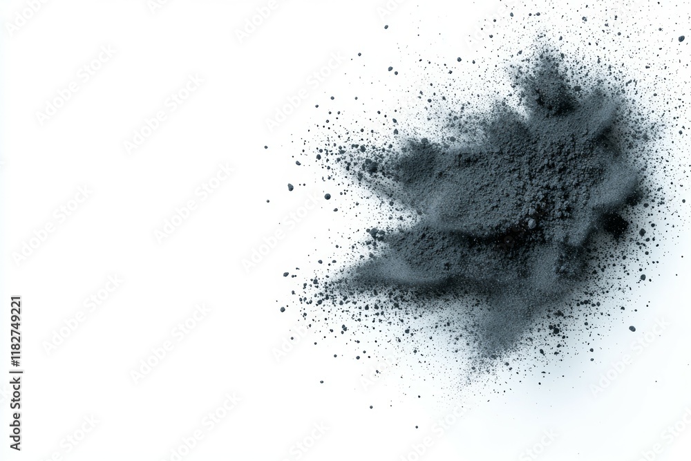 Poster dark gray powdery substance on white background with dynamic splatter pattern