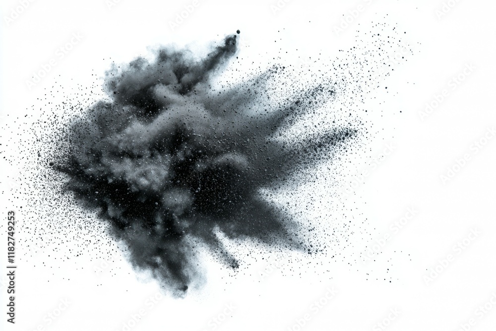 Poster abstract black ink explosion on white background with dynamic splatter patterns