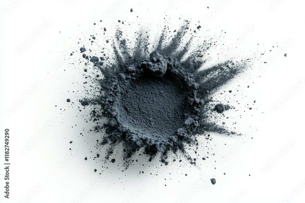 Poster exploding black powder particle burst on white background for abstract art