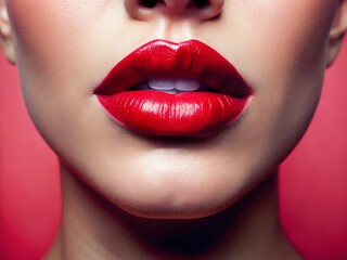 Fototapeta premium Close-up Red Lipstick on Soft Pink Background - Beauty Makeup Stock Photo