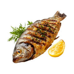 Grilled Fish with Lemon Slice Isolated on Transparent Background