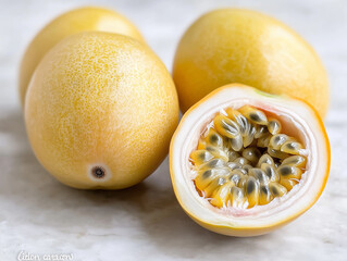 Freshly sliced passion fruit with whole fruits