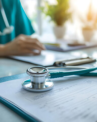 Closeup of a stethoscope on top of a medical report in a doctor's office
