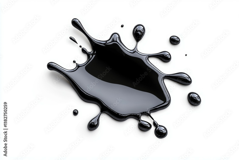 Poster glossy black ink splash on white background with dynamic drips and reflections