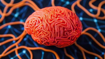 Human brain surrounded by glowing data streams, innovative and modern