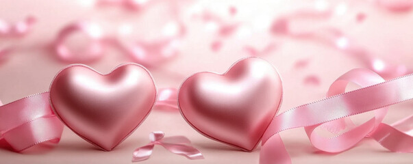 Romantic scene with floating pink hearts and ribbon conveying love and affection against a dreamy blurred backdrop
