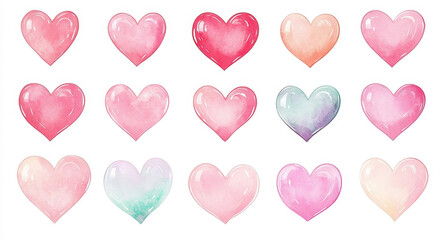 Obraz premium Valentines day, aquarelle illustration. Set of hand painted watercolor hearts. Isolated objects perfect for Valentine's day card or romantic post cards. Design heart elements for valentine message.