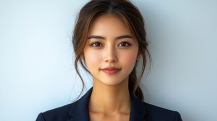 Close-up portrait of a young Asian woman with a neutral expression, wearing a dark blazer against a light grey background.