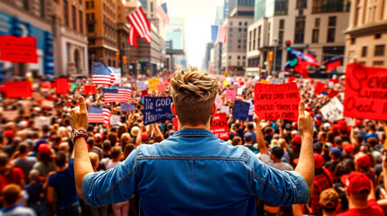 A man standing in front of a crowd of people holding signs and flags