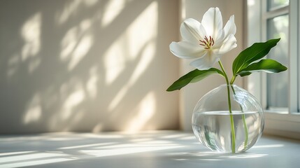 transparent glass vase white flower minimalistic scene natural light bold fluid textured graphic aesthetic hd design