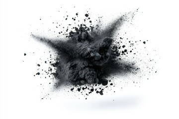 Dynamic explosion of black powder on white background