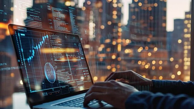 a person using a laptop with glowing data visualizations on the screen