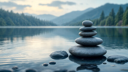Serene Zen Stones on a Calm Lake with Mountain Landscape
