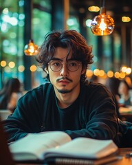 Obraz premium Young Man in Glasses Sitting at a Table With Open Book in Modern Cafe Surrounded by Warm Lighting and Patrons, Enjoying Quiet Study Time in the Afternoon