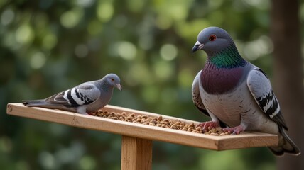 Two pigeons feeding on a wooden bird feeder.