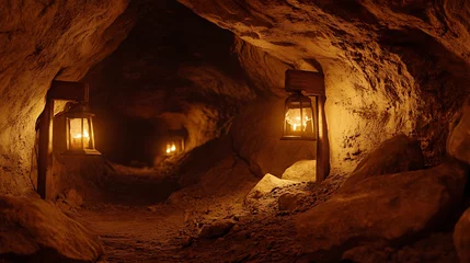 Underground gold mine tunnel with shining ore veins, miners examining rocks, rugged wooden beams for support, dim light from lanterns