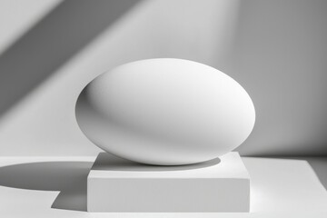 Minimalist white egg on geometric pedestal with soft shadows